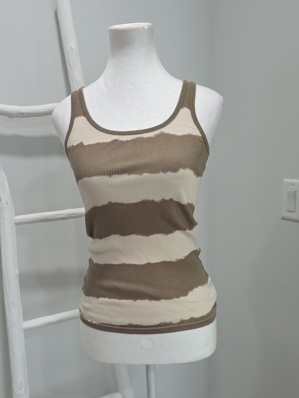 Striped Ribbed Cotton Tank Top in Brown and Cream